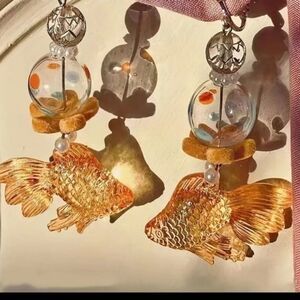 Gold Fish Bowl Carp Long Dangle Statement Beach Vacation Earrings